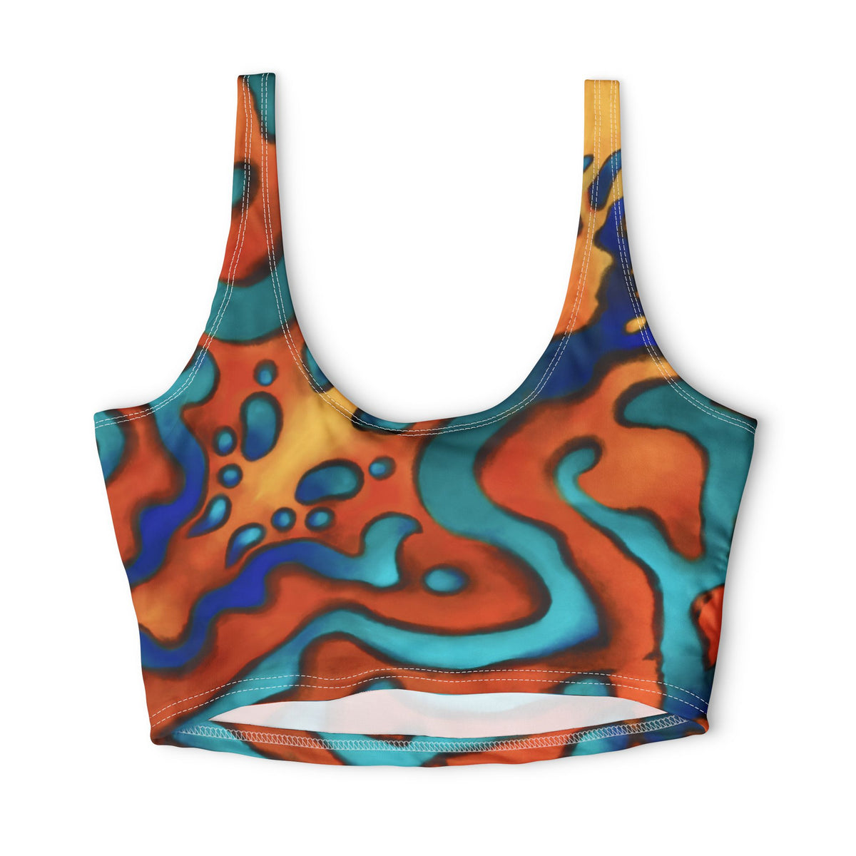 Abstract Wave Sports Bra — Colorful Orange & Teal All-Over Print