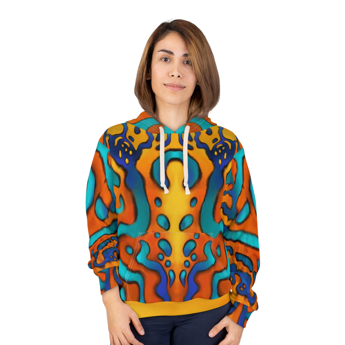 Psychedelic Abstract Pattern Hoodie — Vibrant Orange & Teal All-Over Print