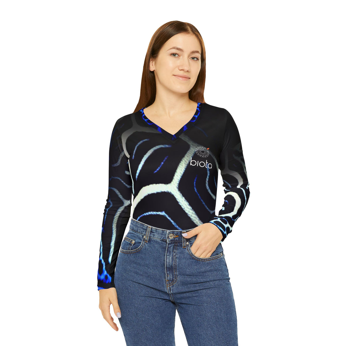 Women's V-Neck Long Sleeve Shirt — Blue Abstract Wave All-Over Print