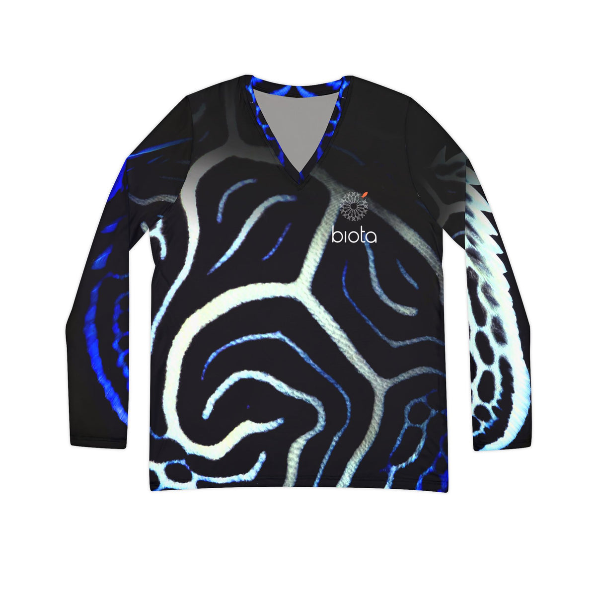 Women's V-Neck Long Sleeve Shirt — Blue Abstract Wave All-Over Print