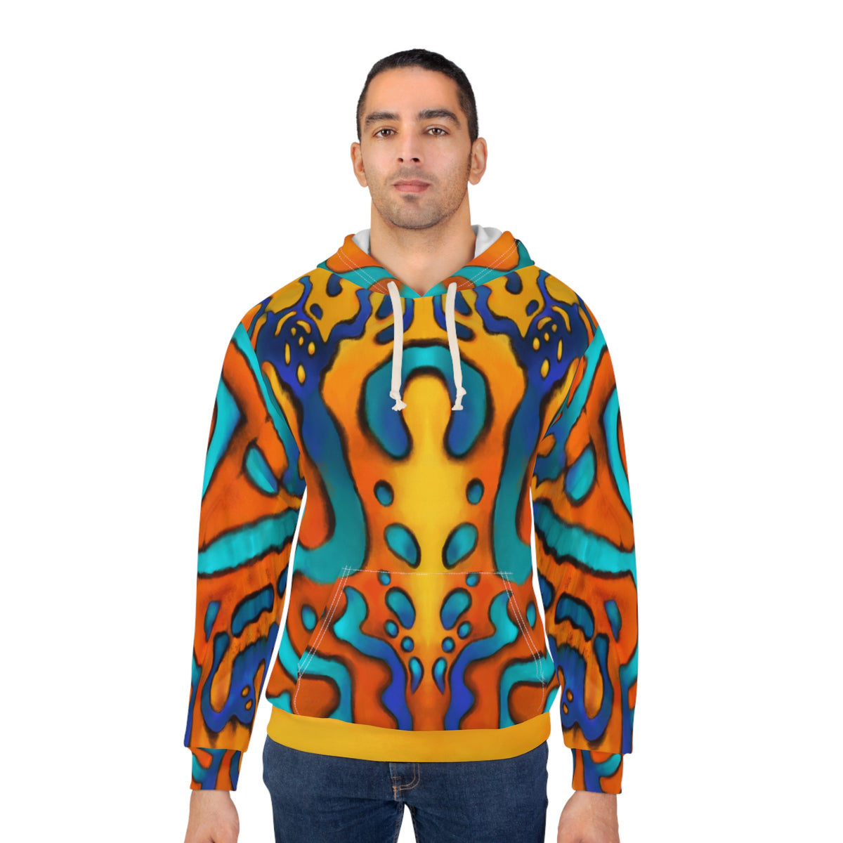Psychedelic Abstract Pattern Hoodie — Vibrant Orange & Teal All-Over Print