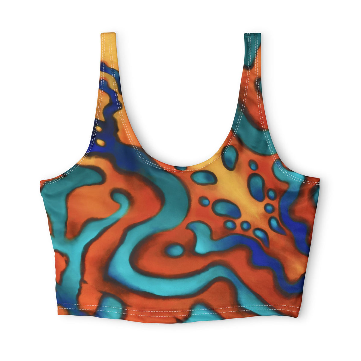 Abstract Wave Sports Bra — Colorful Orange & Teal All-Over Print