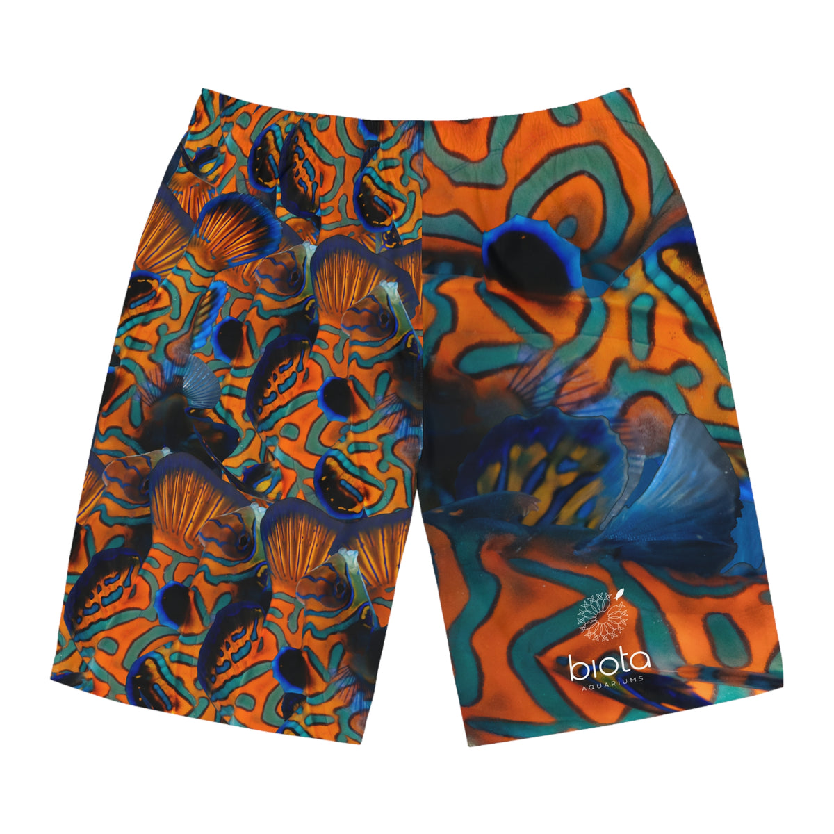 Trippy Mandarin Fish Swim Board Shorts — Vibrant Ocean Reef AOP