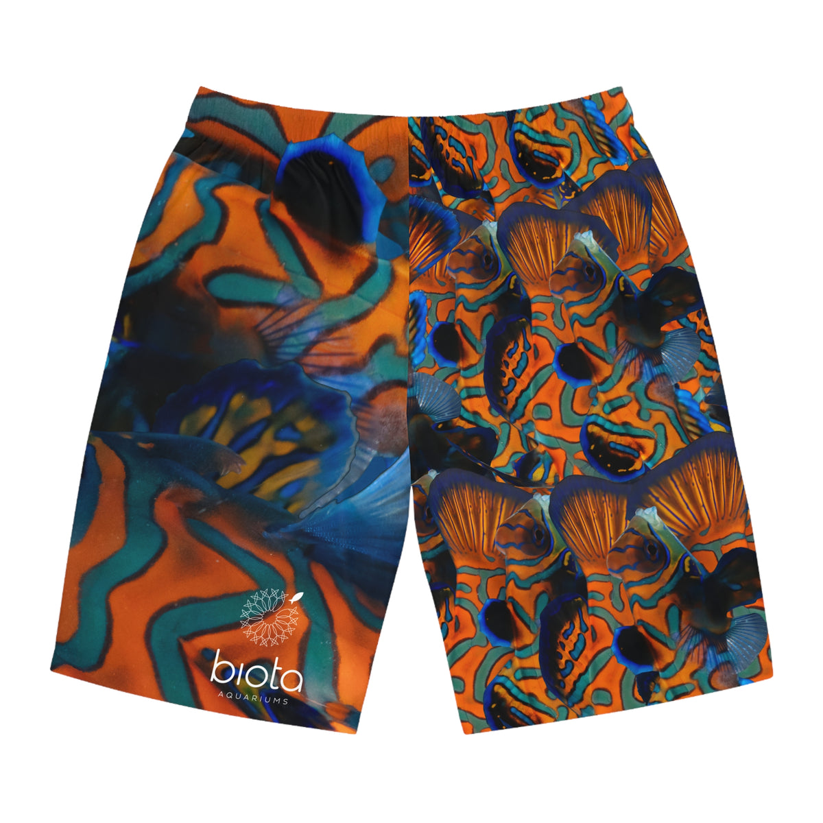 Trippy Mandarin Fish Swim Board Shorts — Vibrant Ocean Reef AOP