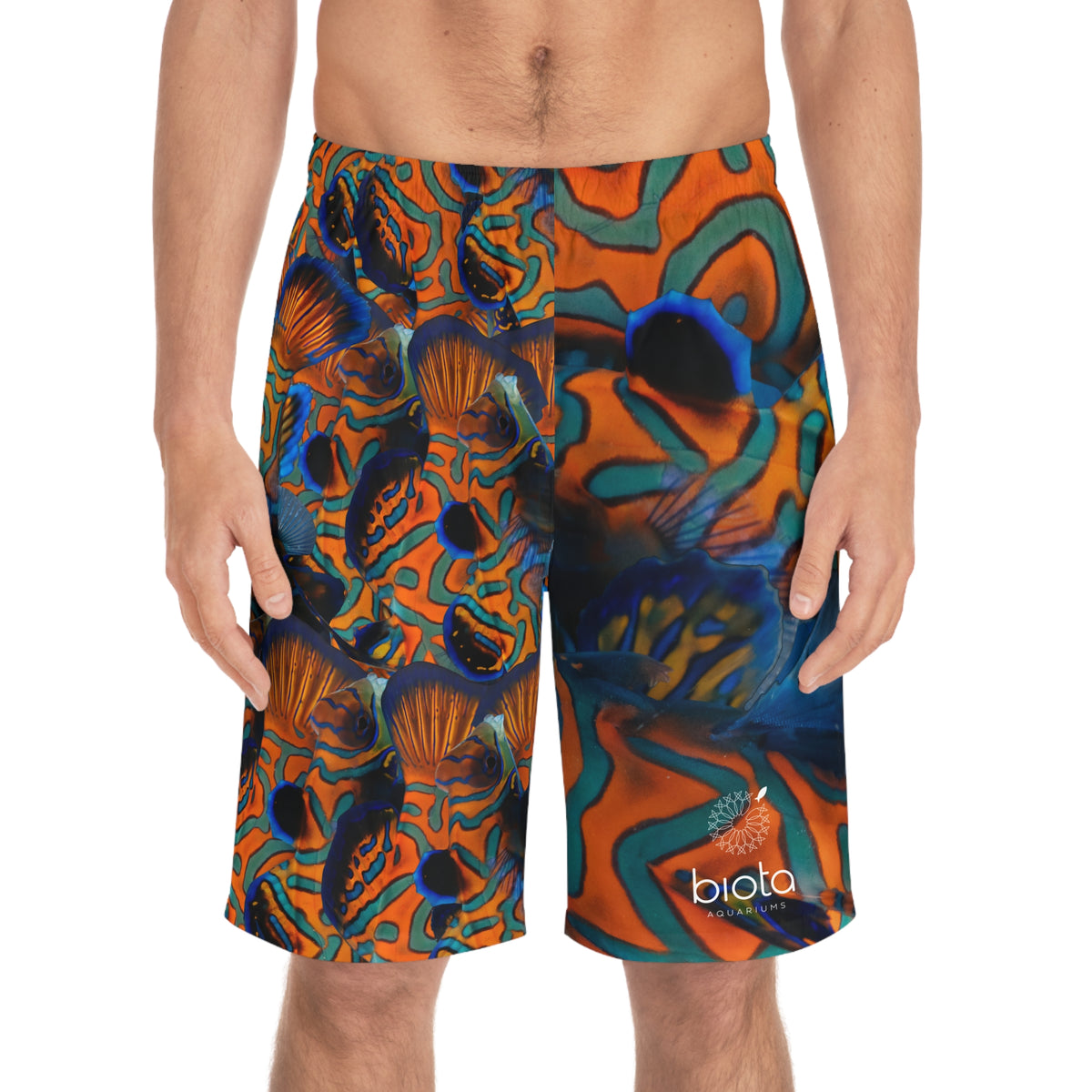 Trippy Mandarin Fish Swim Board Shorts — Vibrant Ocean Reef AOP